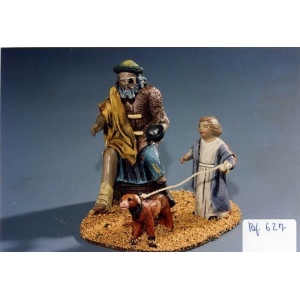 Pastor y niño pidiendo limosna en barro lienzado 14cm