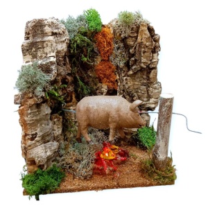 Asador con cerdo en movimiento y luz de llama figuras de 14cm a 21cm